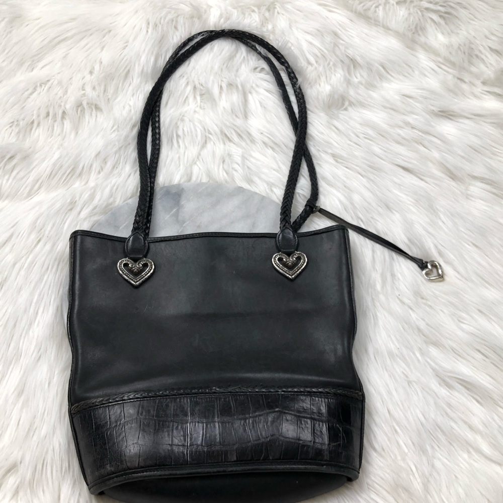 Brighton Black Leather Braided Handle Tote Bag